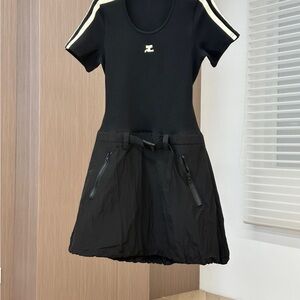 Elegant Black Mini Dress with White Stripes